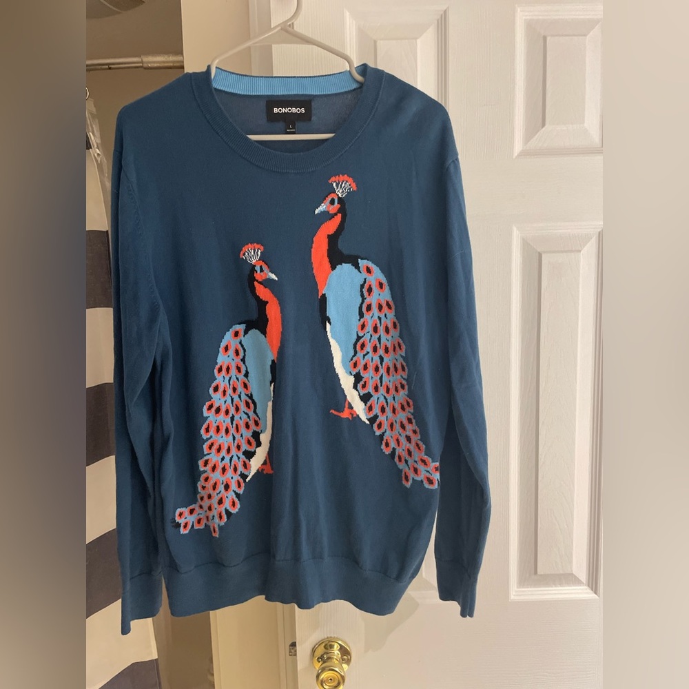Bonobos Peacock Intarsia Crewneck sweater large blue
